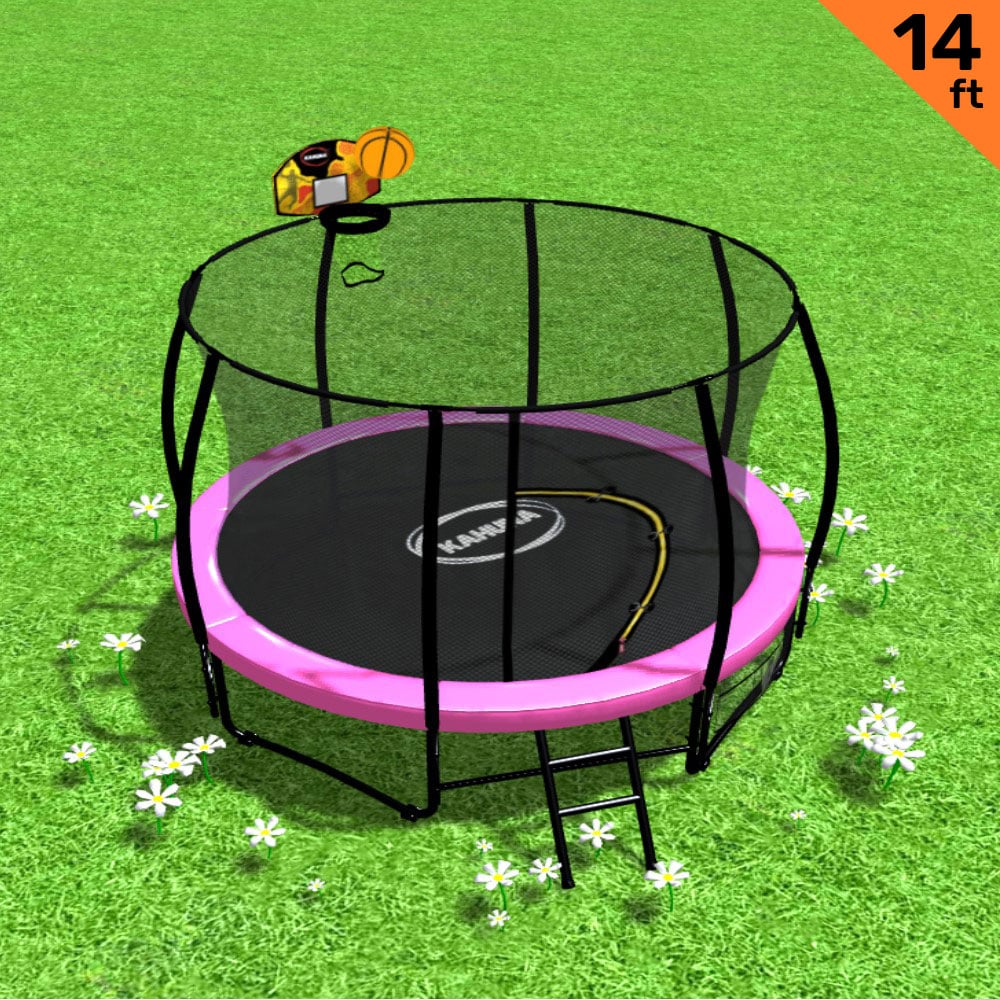Pink 14ft round trampoline with basketball hoop, enclosure net and ladder