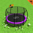 Purple 14ft round trampoline with basketball hoop, enclosure net and ladder