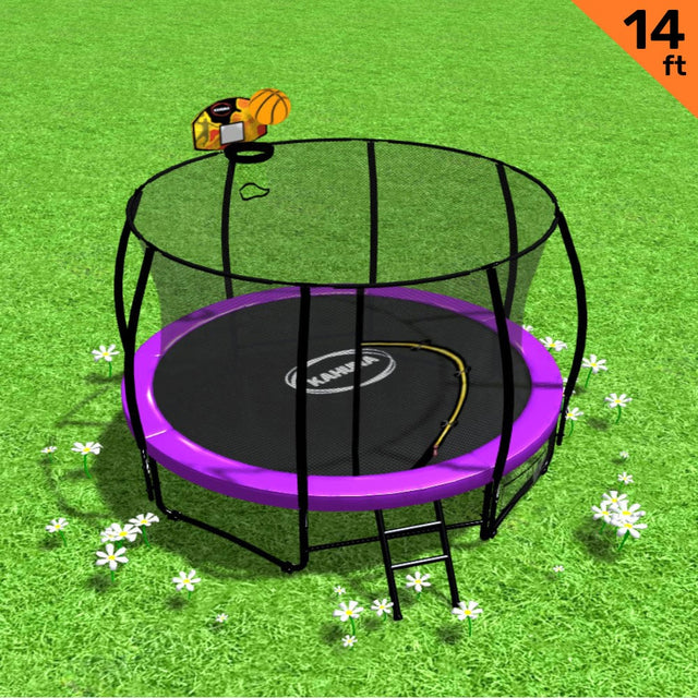 Purple 14ft round trampoline with basketball hoop, enclosure net and ladder