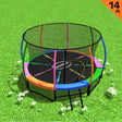 Round 14ft trampoline with rainbow safety pad, enclosure net and ladder
