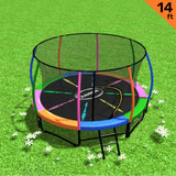 Round 14ft trampoline with rainbow safety pad, enclosure net and ladder