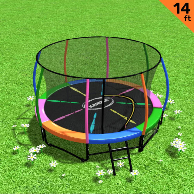 Round 14ft trampoline with rainbow safety pad, enclosure net and ladder