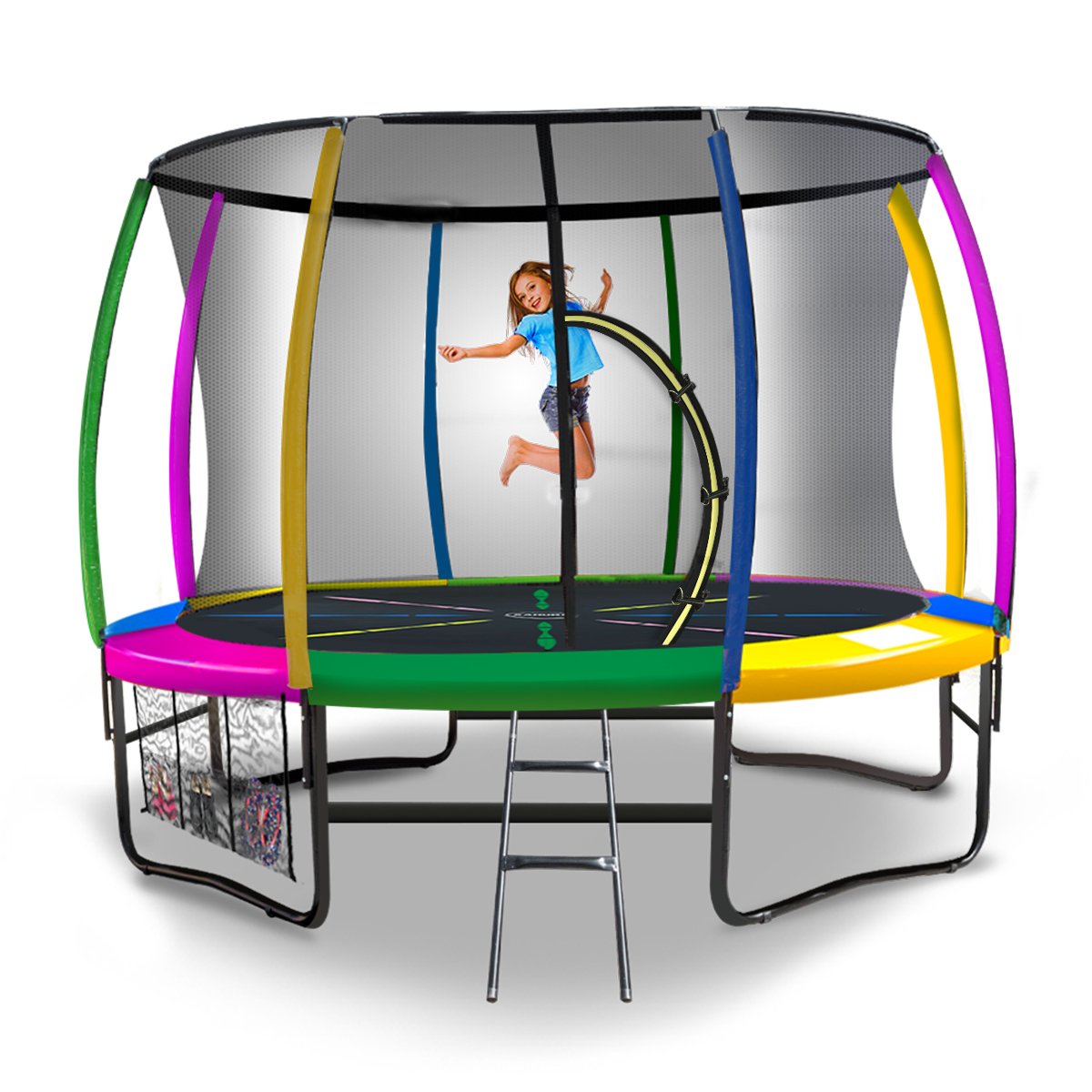 Mulambin Round Trampoline with Rainbow Pad, Enclosure and Ladder, 14ft