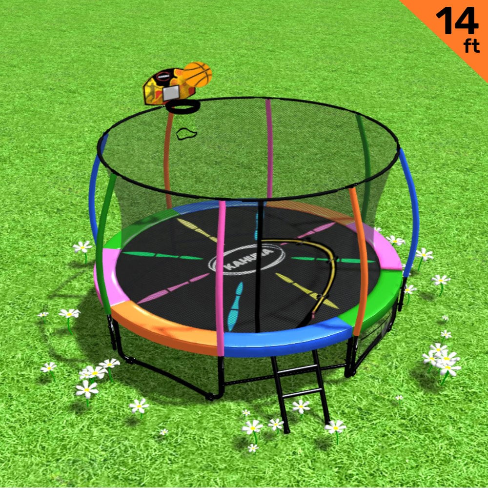 Round 14ft trampoline with rainbow pad, basketball hoop, enclosure net and ladder