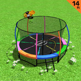 Round 14ft trampoline with rainbow pad, basketball hoop, enclosure net and ladder