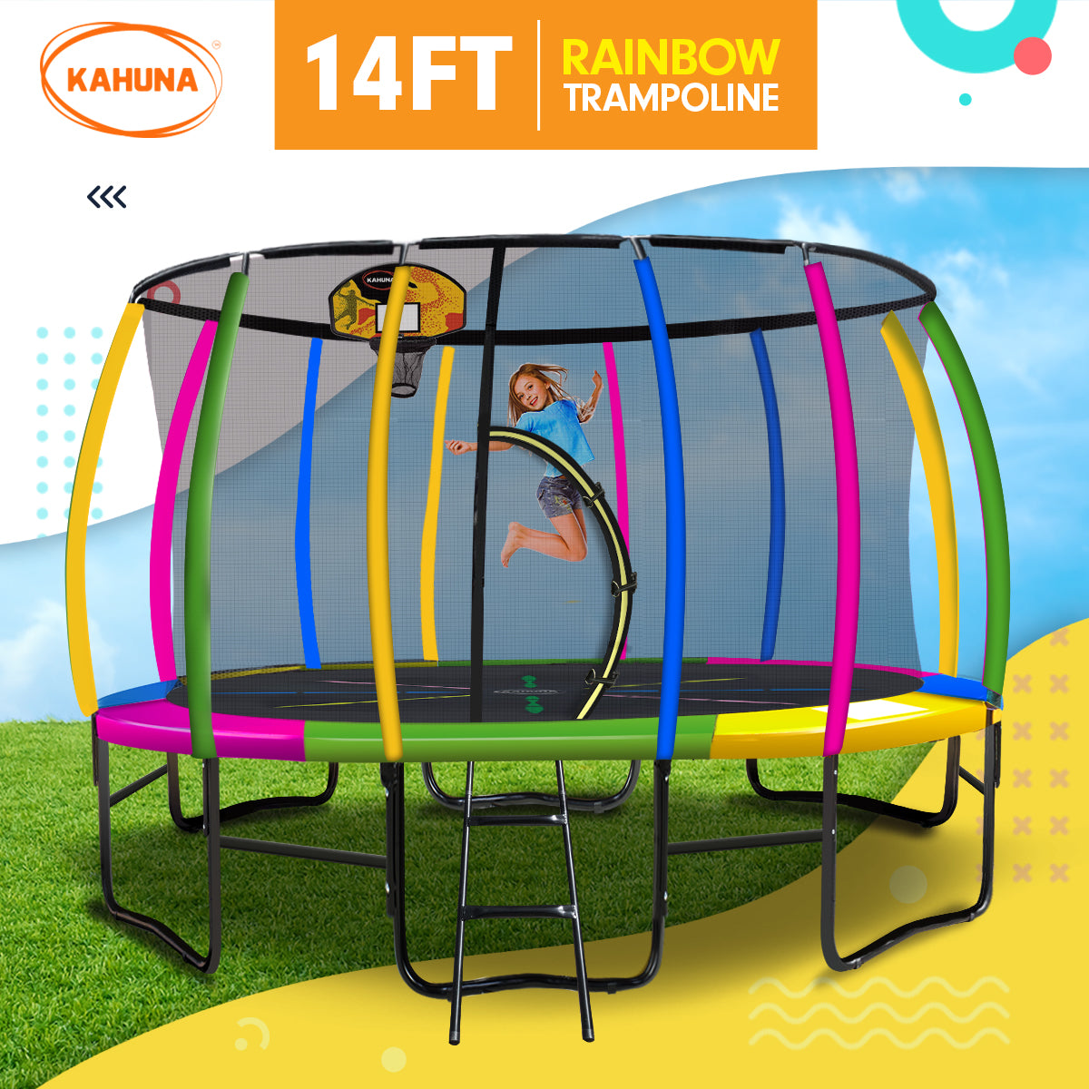 Rosslyn Round Trampoline with Rainbow Pad, Basketball Set, Enclosure and Ladder, 14ft