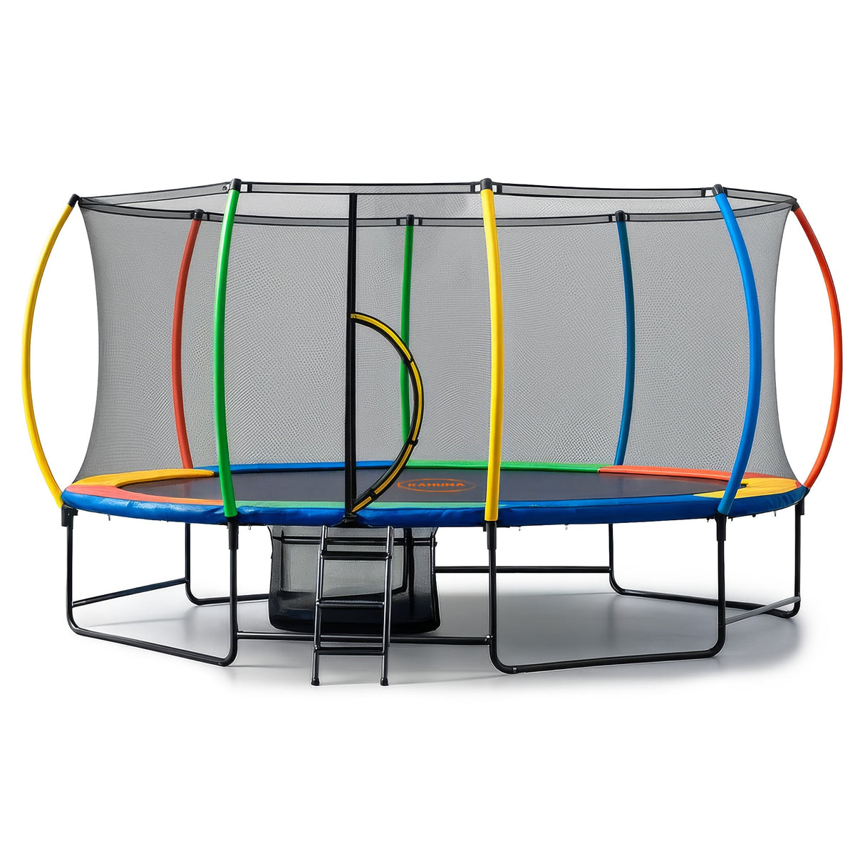 Oval 10ft by 15ft trampoline with reversible rainbow safety pad, enclosure net and ladder