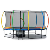 Oval 10ft by 15ft trampoline with reversible rainbow safety pad, enclosure net and ladder