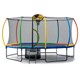 Oval 10ft by 15ft trampoline with rainbow pad, mounted basketball hoop and ladder