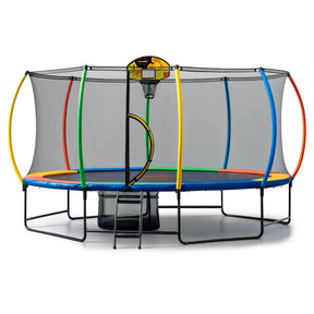 Oval 10ft by 15ft trampoline with rainbow pad, mounted basketball hoop and ladder