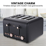 Control dials and browning levels on black and rose gold 4 slice toaster