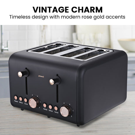 Control dials and browning levels on black and rose gold 4 slice toaster