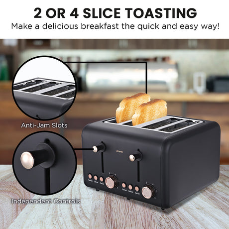 Four toasting slots of black 1500W toaster with bread inside