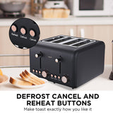 Cancel, reheat and defrost buttons on black 4 slice toaster