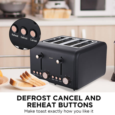 Cancel, reheat and defrost buttons on black 4 slice toaster