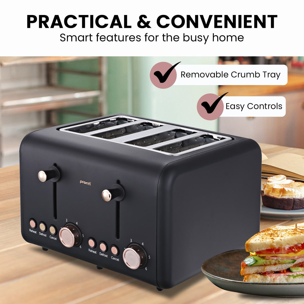 Rose gold trim detail on matte black family sized toaster