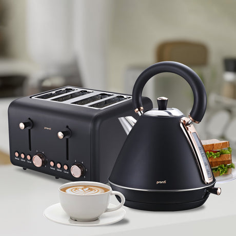 Black 4 slice toaster on kitchen bench with toasted bread
