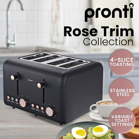 Cord storage underneath black and rose gold 4 slice toaster