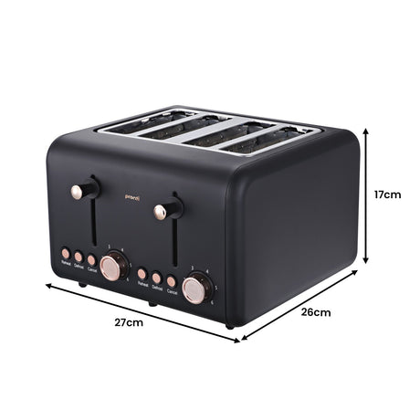 Dimensions of 4 slice toaster, 28.5 by 28.5 by 18.5 centimetres