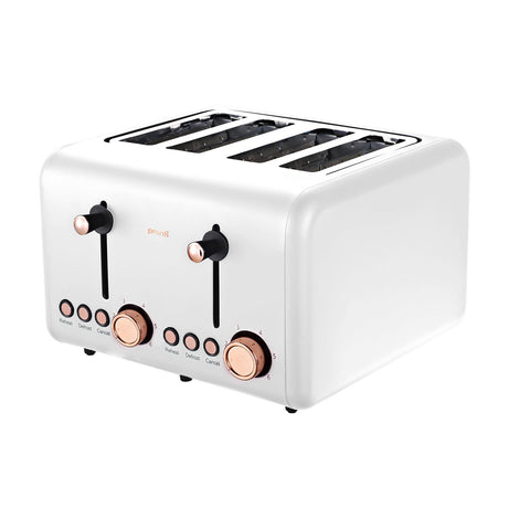 White 4 slice toaster with rose gold trim and independent levers