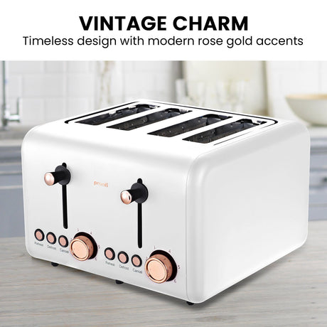 Control dials and browning levels on white and rose gold 4 slice toaster