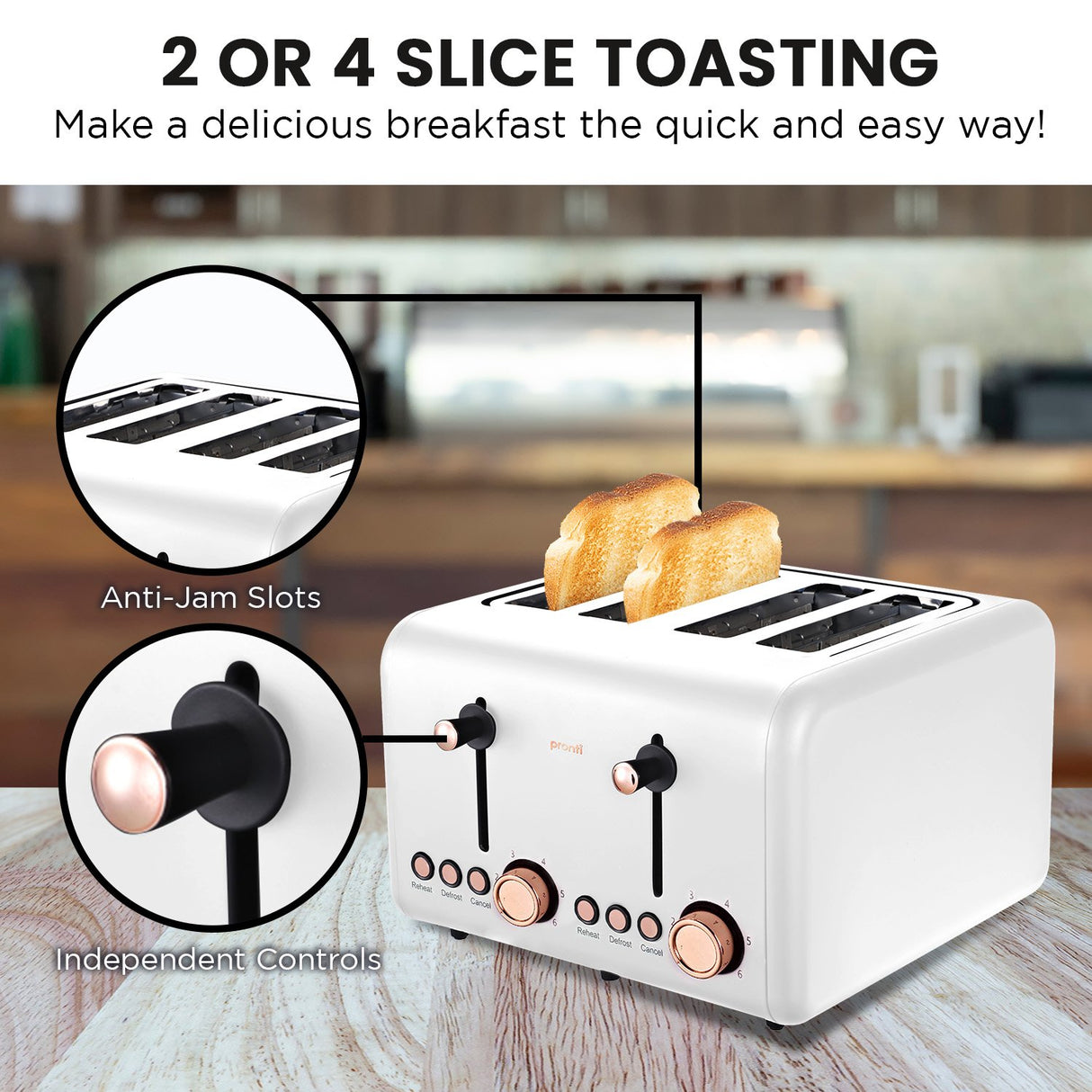 Four toasting slots of white 1500W toaster with bread inside