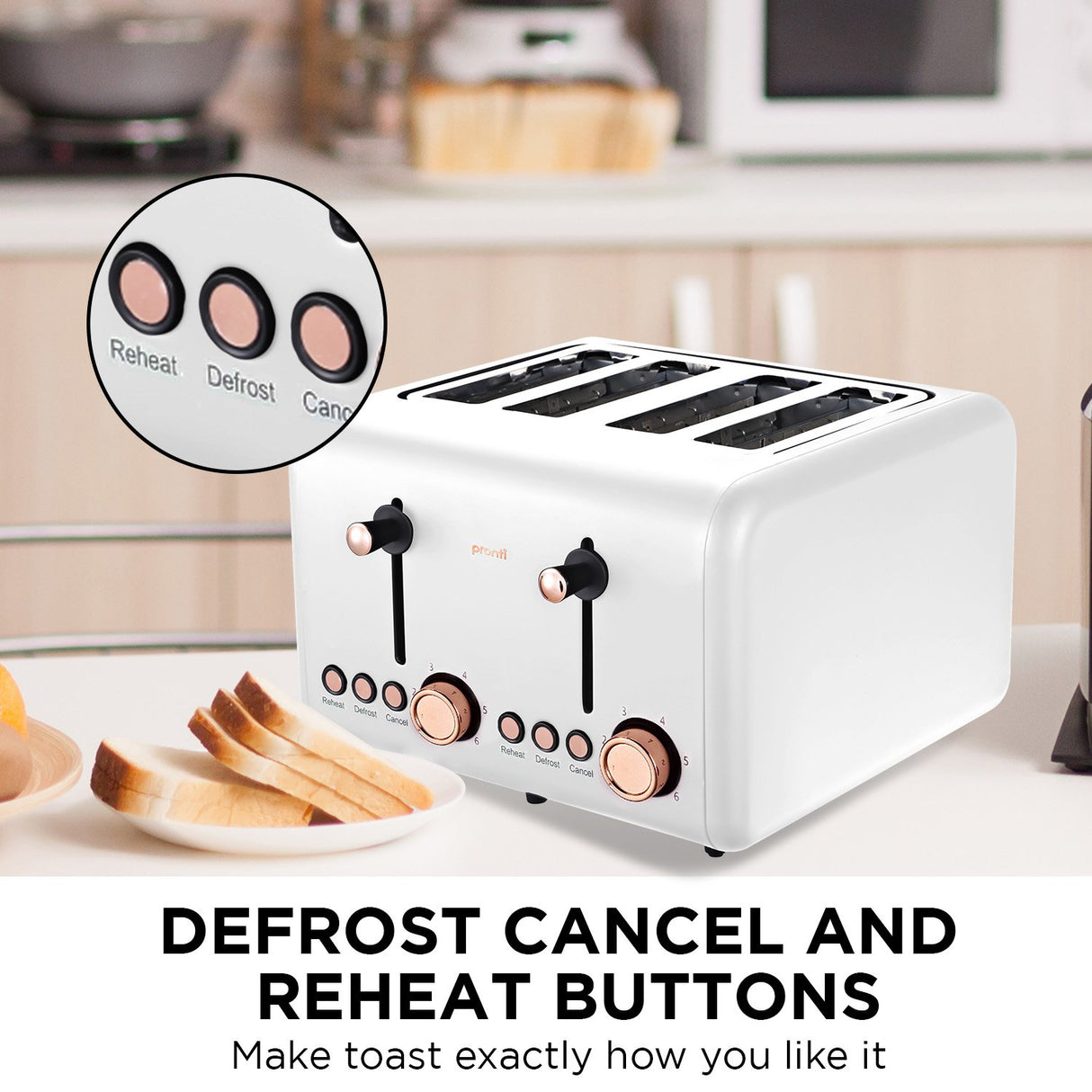 Cancel, reheat and defrost buttons on white 4 slice toaster