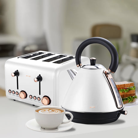 White 4 slice toaster on kitchen bench with toasted bread