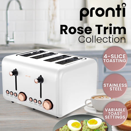 Cord storage underneath white and rose gold 4 slice toaster
