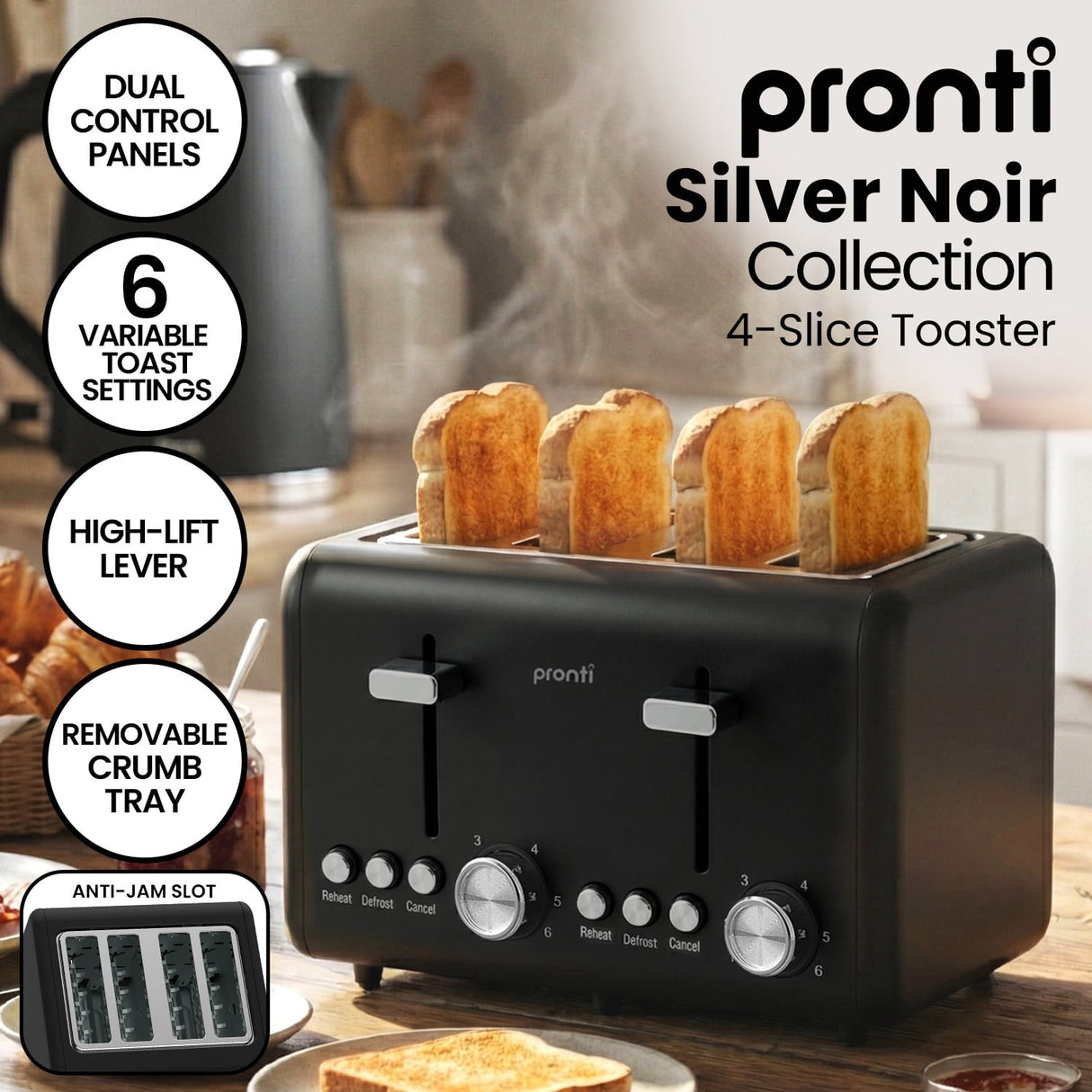 Dual control panels with six browning levels on 4 slice toaster