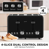 Wide bread slots of 4 slice toaster holding thick sliced bread