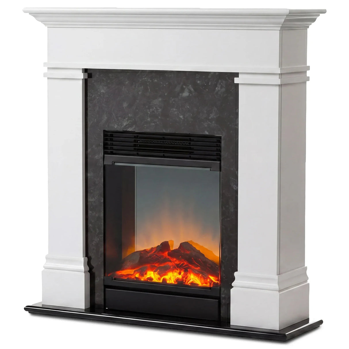 Freestanding electric fireplace suite with LED flame effect and granite effect front