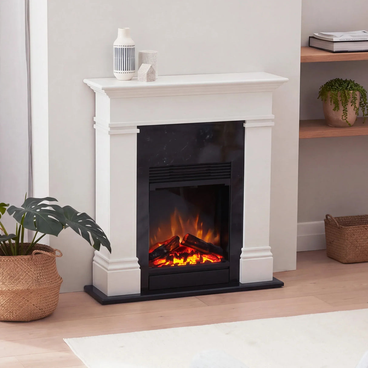 Control panel and two heat settings on the electric fireplace suite