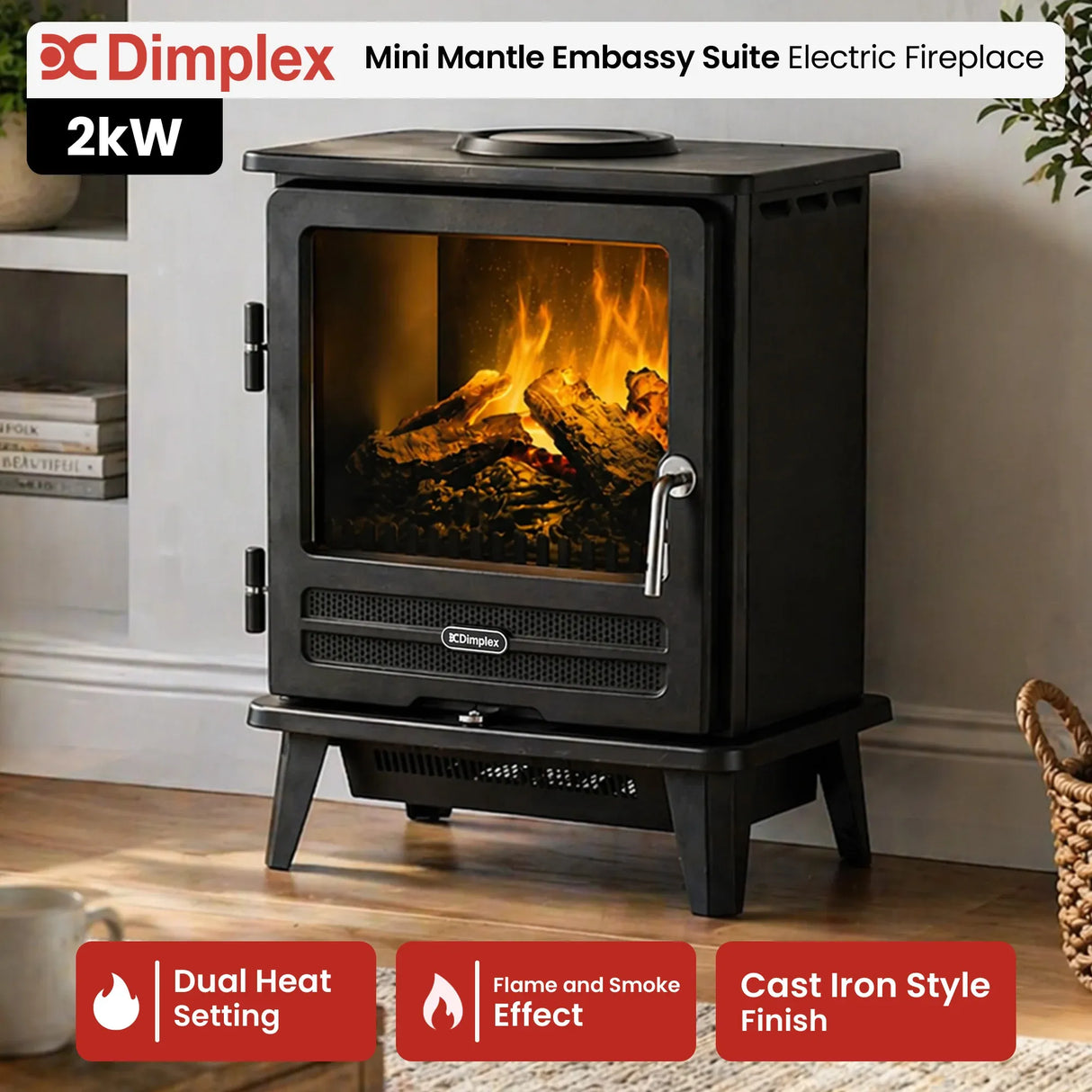 Front view of 2 kW electric stove with glass door and log effect fuel bed