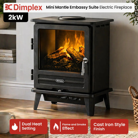 Front view of 2 kW electric stove with glass door and log effect fuel bed
