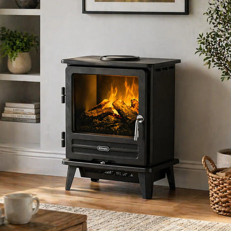Portable electric stove styled in a lounge room beside an armchair