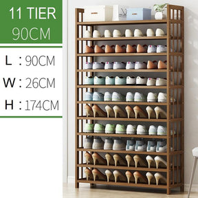 Monroe bamboo multi tier shoe rack tower corner stand in a hallway