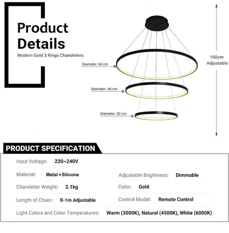 BAMDECOR Modern 3-Ring Dimmable LED Chandelier in Black — Allure Home Collections