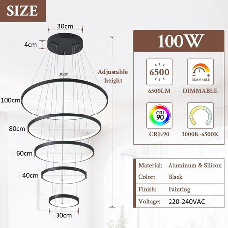 BAMDECOR A18801 Modern 5-Ring Dimmable LED Chandelier in Black — Allure Home Collections