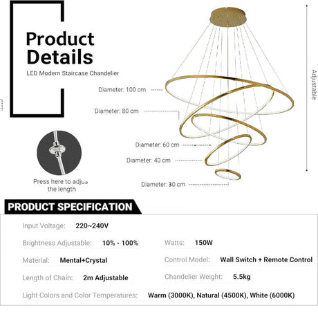 BAMDECOR A18801 Modern 5-Ring Dimmable LED Chandelier in Gold — Allure Home Collections