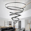 Portofino black seven ring LED chandelier hanging in a contemporary foyer