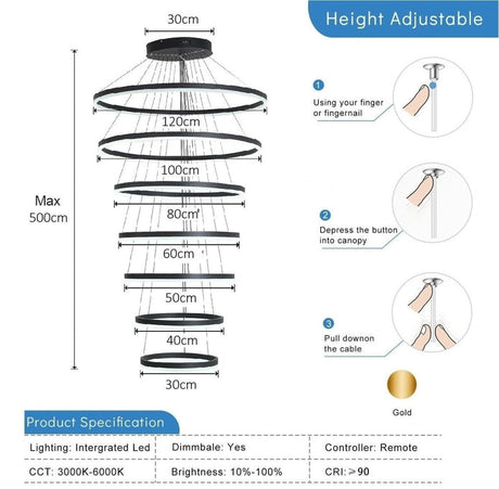 BAMDECOR A18815 Modern 7-Ring LED Pendant Chandelier in Black — Allure Home Collections