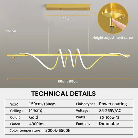 Linear LED Pendant Light, Gold, 180cm