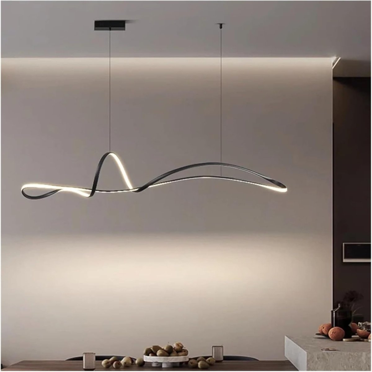 LED linear pendant light detail showing slim black fixture