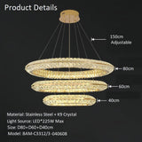 Three Ring Crystal LED Chandelier, Gold, 80/60/40cm
