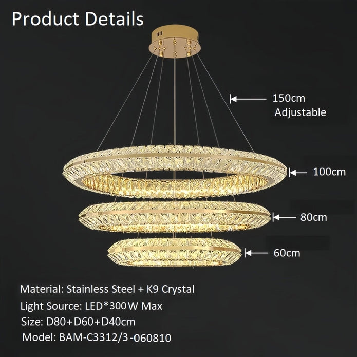Three Ring Crystal LED Chandelier, Gold, 100/80/60cm