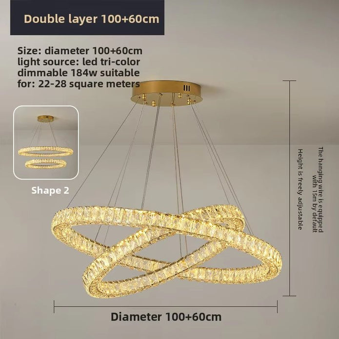 Two Ring Round Crystal LED Chandelier, Gold, 100/60cm