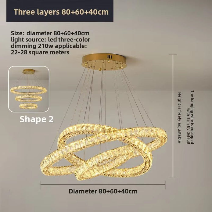Three Ring Round Crystal LED Chandelier, Gold, 80/60/40cm