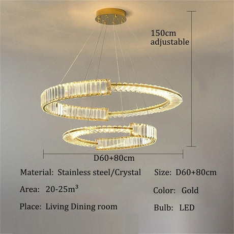 Two Ring Round Crystal LED Chandelier, Gold, 80/60cm