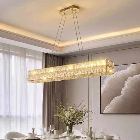 Gold linear chandelier with warm white LED light
